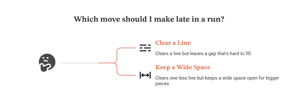 Diagram comparing two late game moves: clearing a line or keeping a wide open space